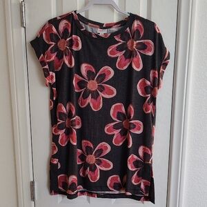 LuLaRoe Leah Gray and Pink Floral Short Sleeve Tunic Top Size Small